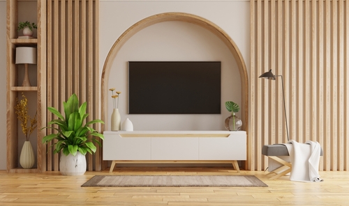 Living,Room,Interior,With,Tv,On,Cabinet,And,Decorative,Lath