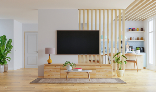 Modern,Kitchen,Interior,With,Furniture,And,Tv,Wall,Mounted,In