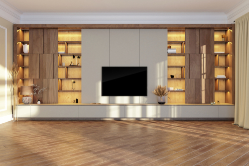 Tv,Unit,In,Living,Room,Interior,With,Black,Tv,On